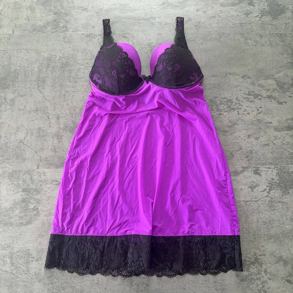 Y2K Victoria’s Secret Babydoll Chemise 34D Push Up Lace Cup Purple Lingerie